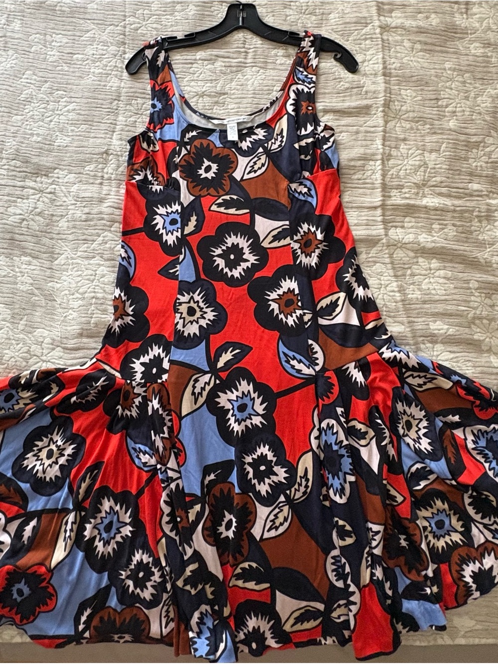 Diane Von Furstenberg Red, Blue & Brown Floral Maxi Dress with Black Accents